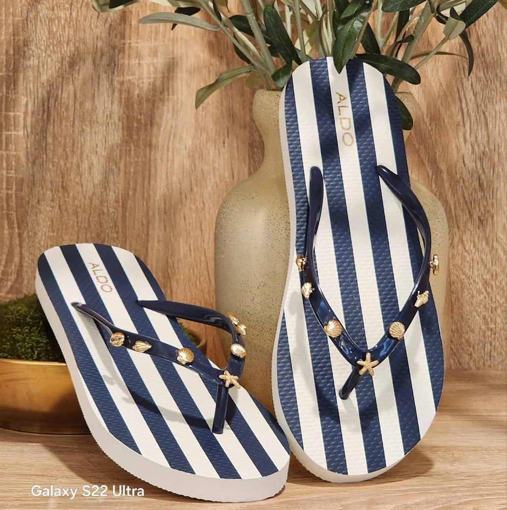 Aldo Women's Blue/White Striped Shell Charm Flip Flops Size 9